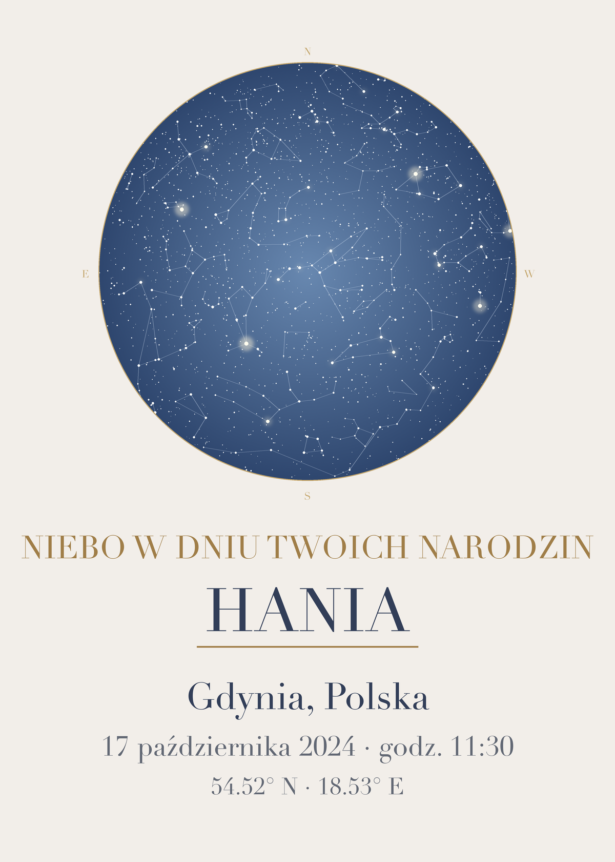 Mapa Nieba do pokoju dziecka, przykład personalizacji z innymi imionami i datą