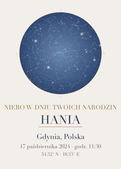 Mapa Nieba do pokoju dziecka, przykład personalizacji z innymi imionami i datą