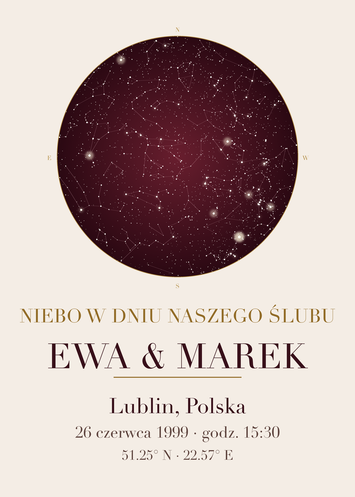 Mapa Nieba na rocznicę ślubu, przykład personalizacji z innymi imionami i datą – plakat na ścianę