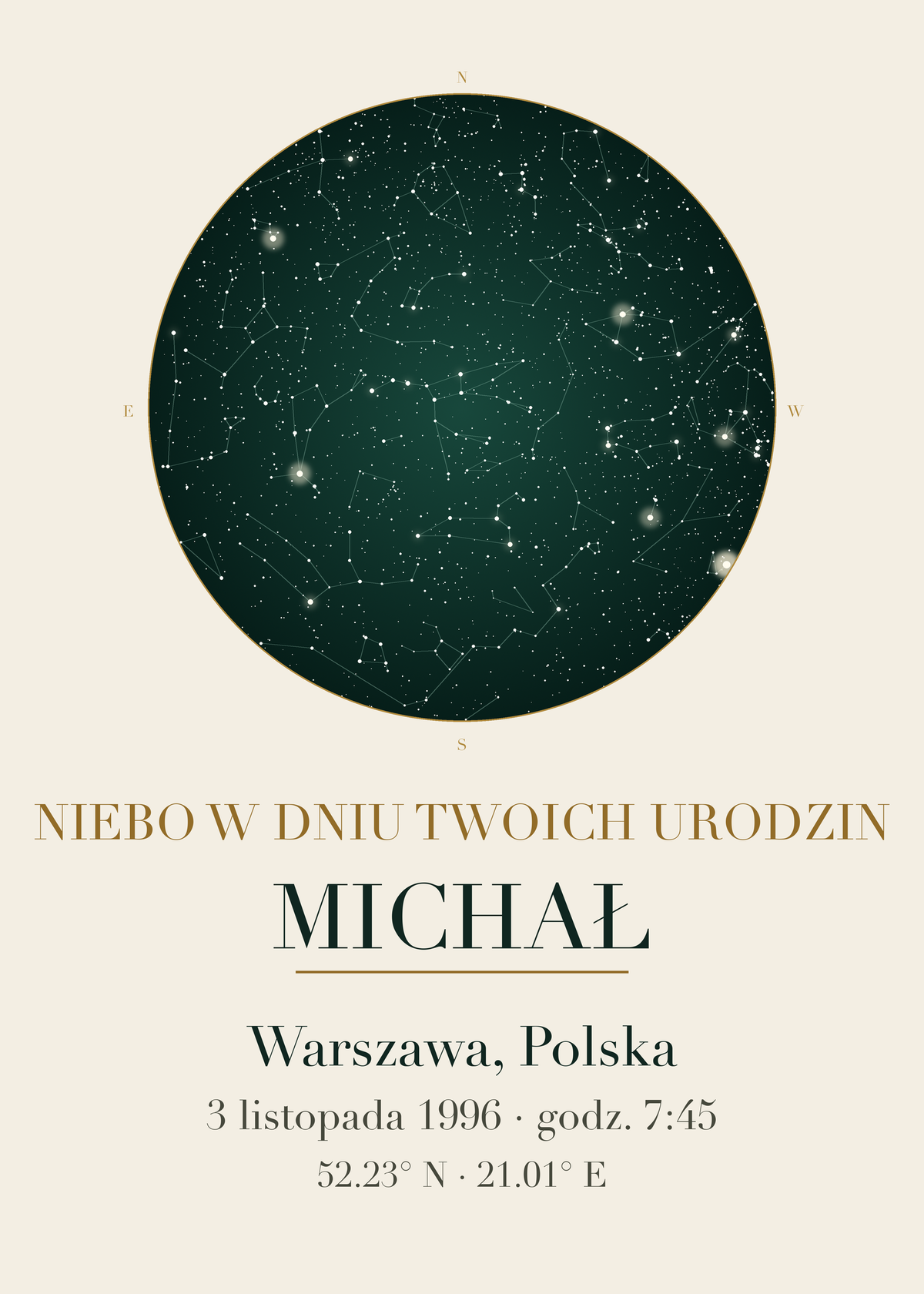 Mapa Nieba na urodziny, przykład personalizacji z innymi imionami i datą