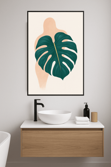 Plakat z liściem Monstery w kolorze teal - CasaNookDecor