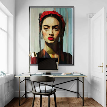 Nowoczesny portret kobiety inspirowany Fridą Kahlo z czerwonym warkoczem, zawieszony nad minimalistycznym biurkiem z komputerem w jasnym domowym gabinecie.