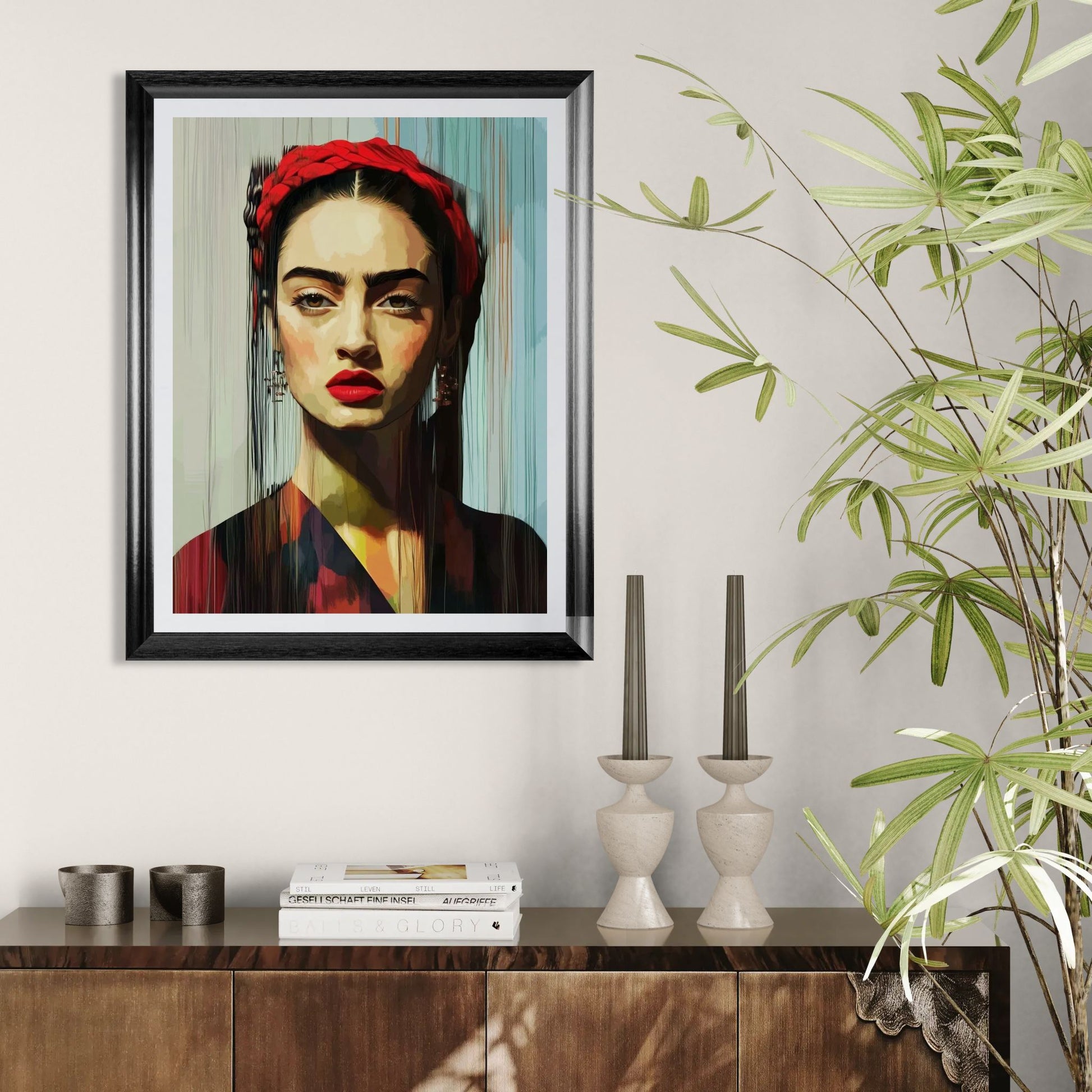 Współczesny portret kobiety inspirowany Fridą Kahlo z czerwonym warkoczem, zawieszony nad elegancką konsolą z ceramicznymi świecznikami, książkami i doniczkową rośliną.