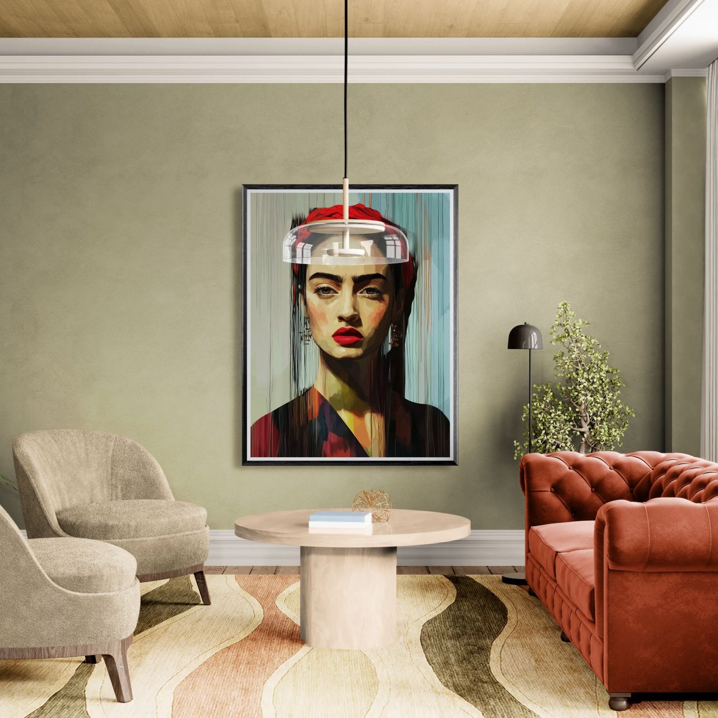 Nowoczesny portret inspirowany Fridą Kahlo zawieszony w eklektycznym salonie z oliwkową ścianą, okrągłym stolikiem, miękkim fotelem i skórzaną, pikowaną sofą.