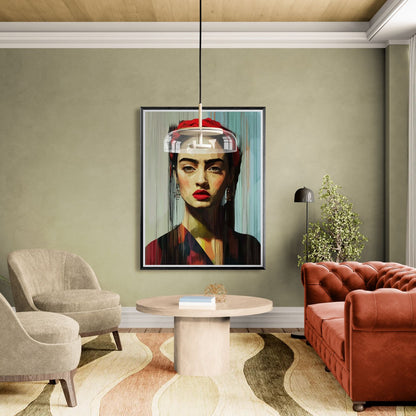 Nowoczesny portret inspirowany Fridą Kahlo zawieszony w eklektycznym salonie z oliwkową ścianą, okrągłym stolikiem, miękkim fotelem i skórzaną, pikowaną sofą.