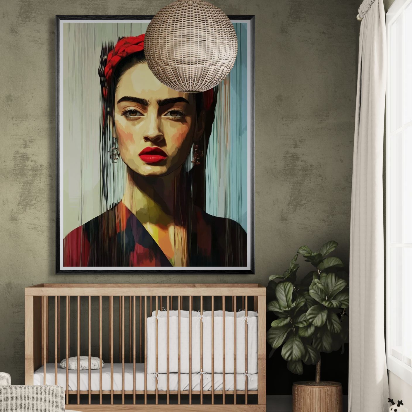 Współczesny portret kobiety w stylu Fridy Kahlo, zawieszony nad drewnianym łóżeczkiem w nowoczesnym pokoju dziecięcym z zieloną ścianą, białą zasłoną i doniczką z dużą rośliną.