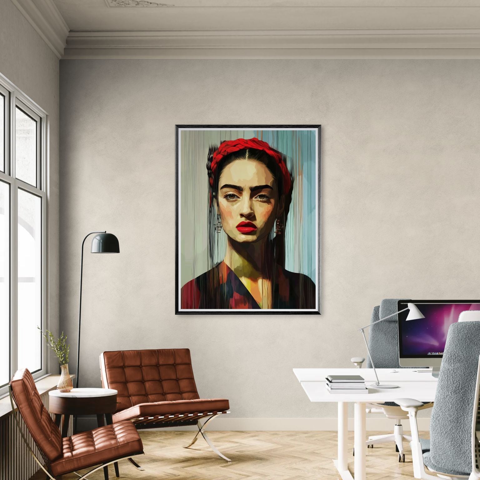 Portret kobiety w stylu Fridy Kahlo, przedstawiony w nowoczesnej, malarskiej technice z czerwonymi akcentami, zawieszony na ścianie eleganckiego biura z designerskimi fotelami i biurkami z komputerami.