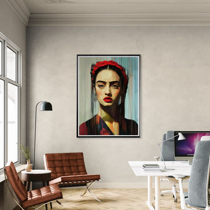 Portret kobiety w stylu Fridy Kahlo, przedstawiony w nowoczesnej, malarskiej technice z czerwonymi akcentami, zawieszony na ścianie eleganckiego biura z designerskimi fotelami i biurkami z komputerami.