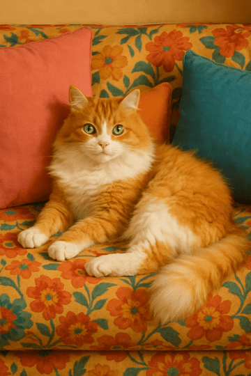 Przytulny Kot Na Kolorowej Kanapie - CasaNookDecor