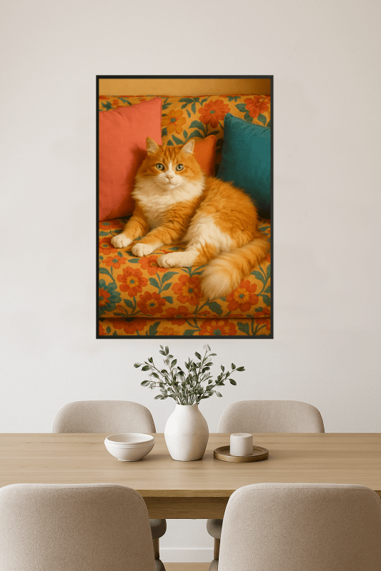 Przytulny Kot Na Kolorowej Kanapie - CasaNookDecor