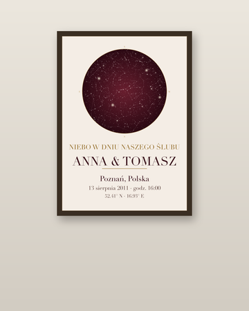 Mapa Nieba na rocznicę ślubu w ramie na ścianie, personalizowany plakat z gwiazdami