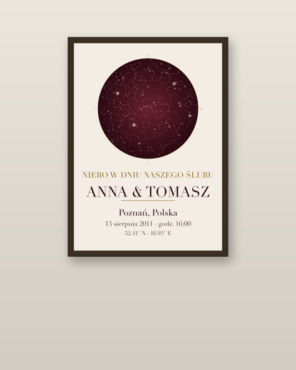 Mapa Nieba na rocznicę ślubu w ramie na ścianie, personalizowany plakat z gwiazdami