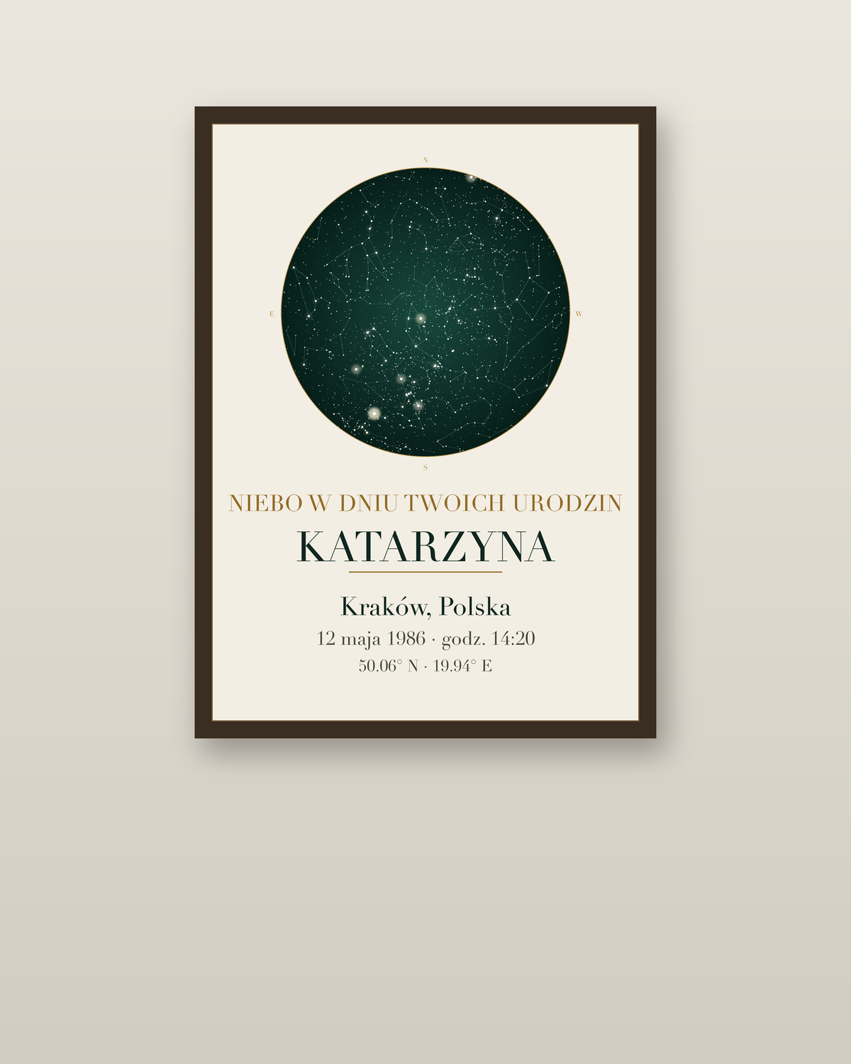 Mapa Nieba na urodziny w ramie na ścianie, personalizowany plakat z gwiazdami