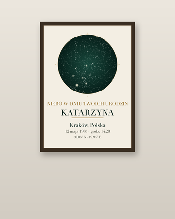 Mapa Nieba na urodziny w ramie na ścianie, personalizowany plakat z gwiazdami