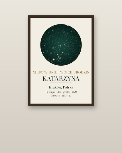 Mapa Nieba na urodziny w ramie na ścianie, personalizowany plakat z gwiazdami