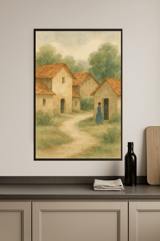 Rustykalna Akwarelowa Scena Wioski - CasaNookDecor