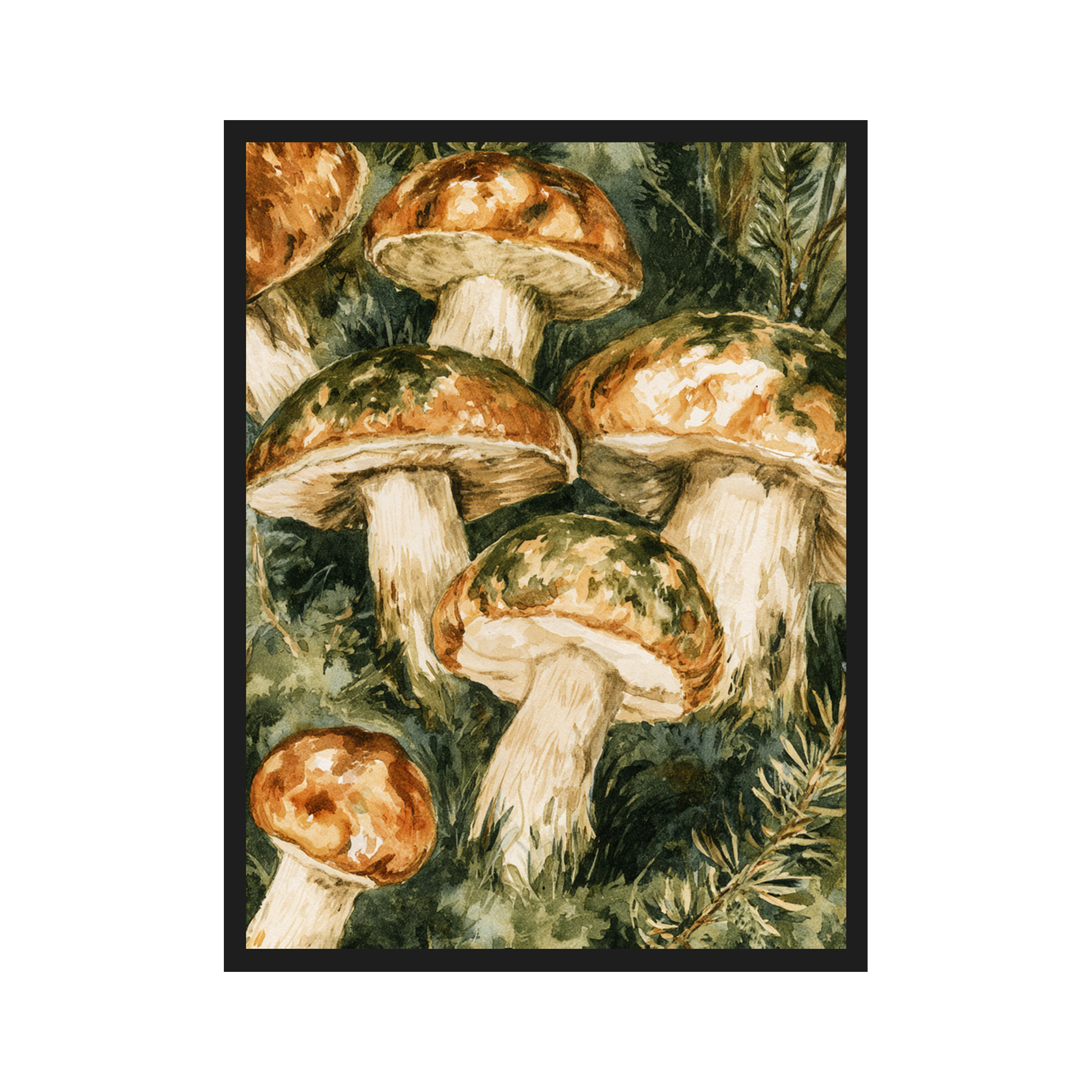 Forest Mushrooms I art print in a black frame