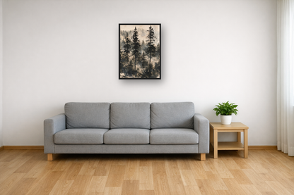 Misty Forest Ink I framed poster in a living room