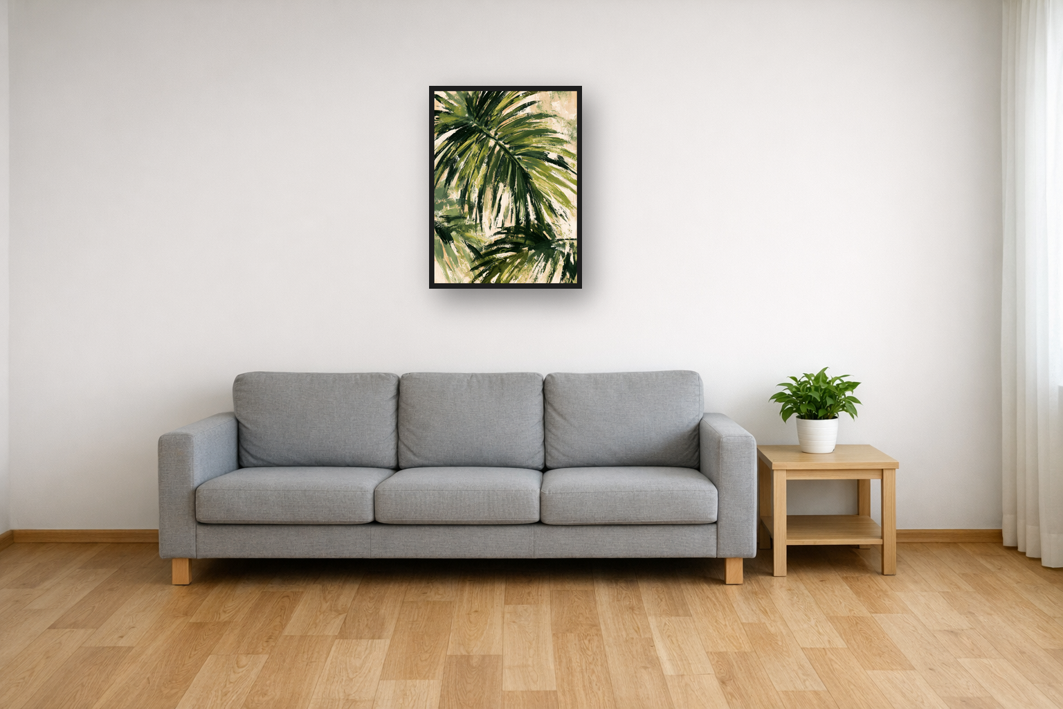 Palm Leaf I framed poster in a living room