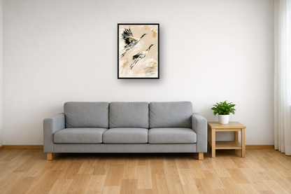 Japanese Cranes I framed poster in a living room
