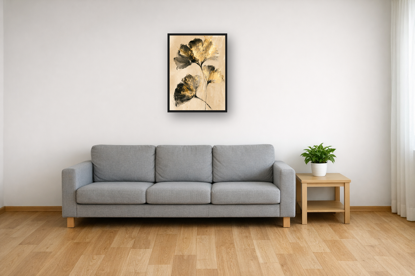 Golden Ginkgo I framed poster in a living room – plakat na ścianę