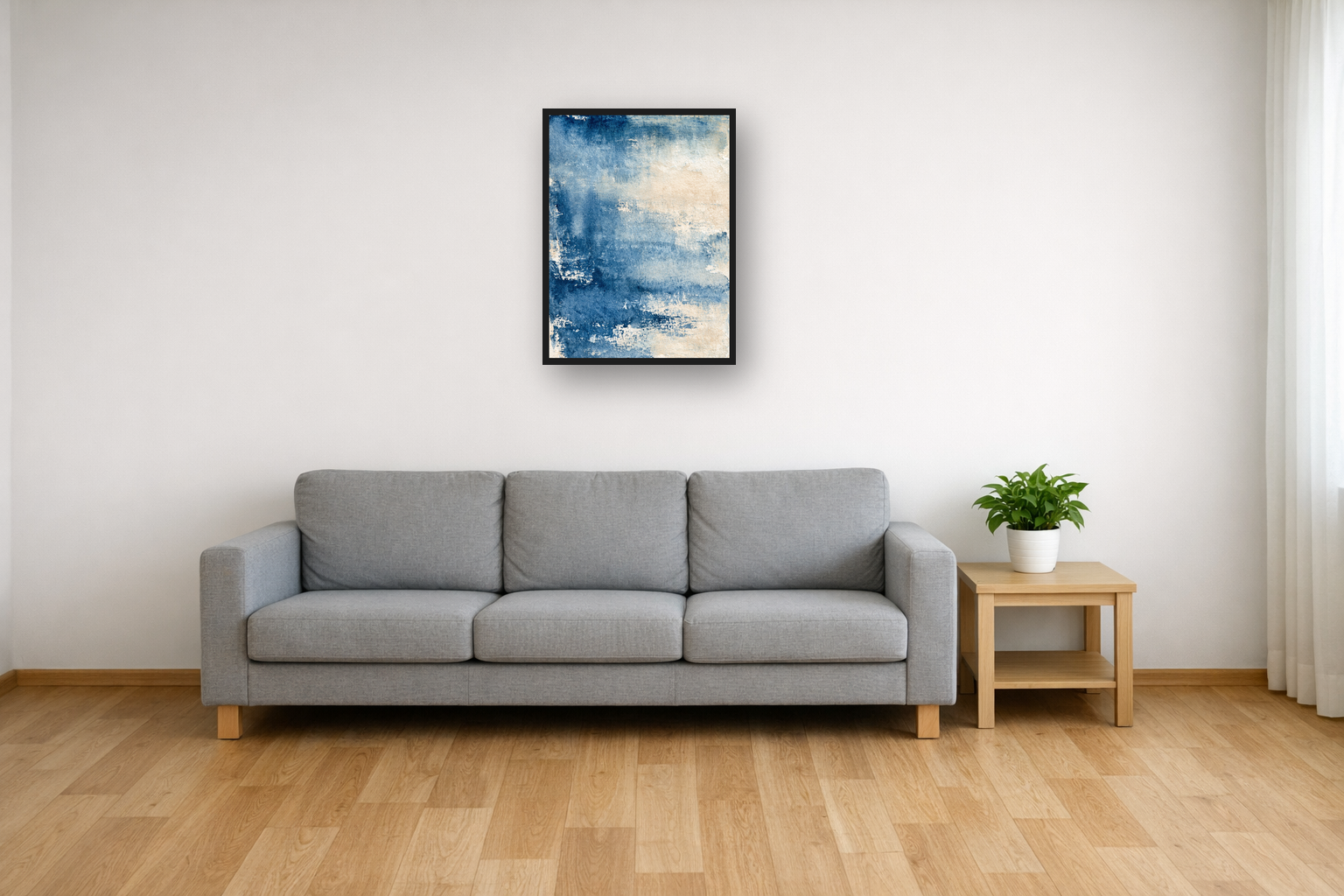 Indigo Wash I framed poster in a living room