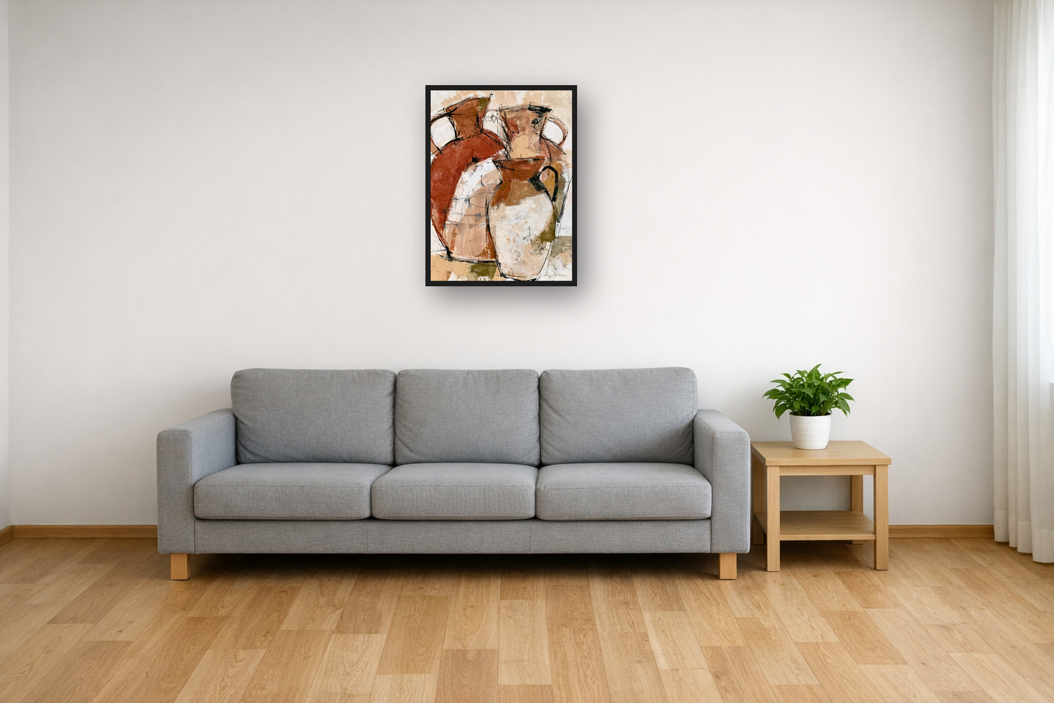 Terracotta Vessels I framed poster in a living room