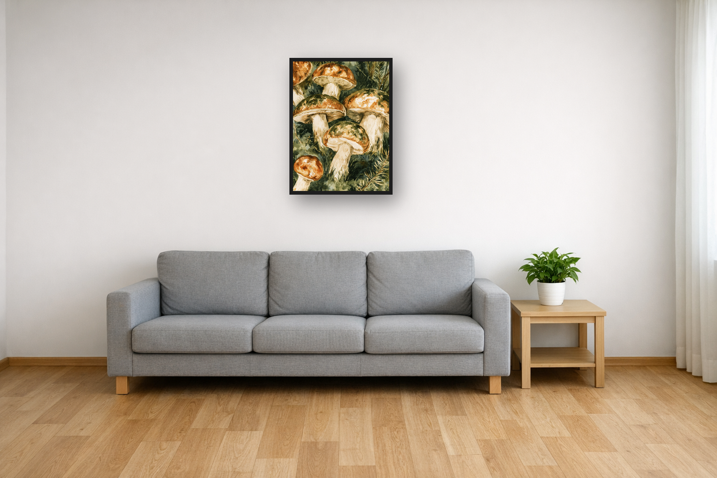 Forest Mushrooms I framed poster in a living room – plakat na ścianę