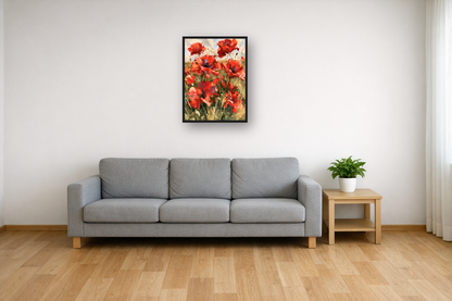 Wild Poppies I framed poster in a living room
