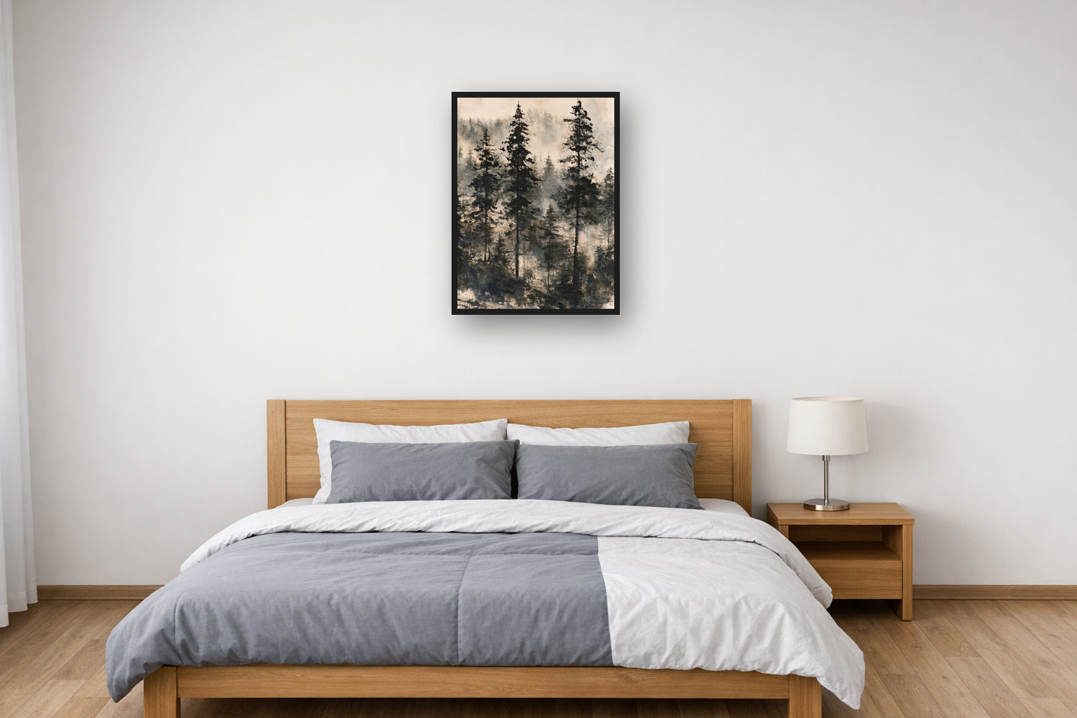 Misty Forest Ink I framed poster in a bedroom