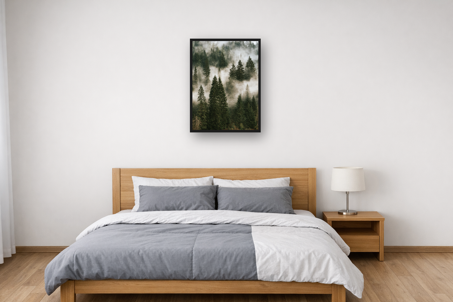 Nordic Forest I framed poster in a bedroom – plakat na ścianę