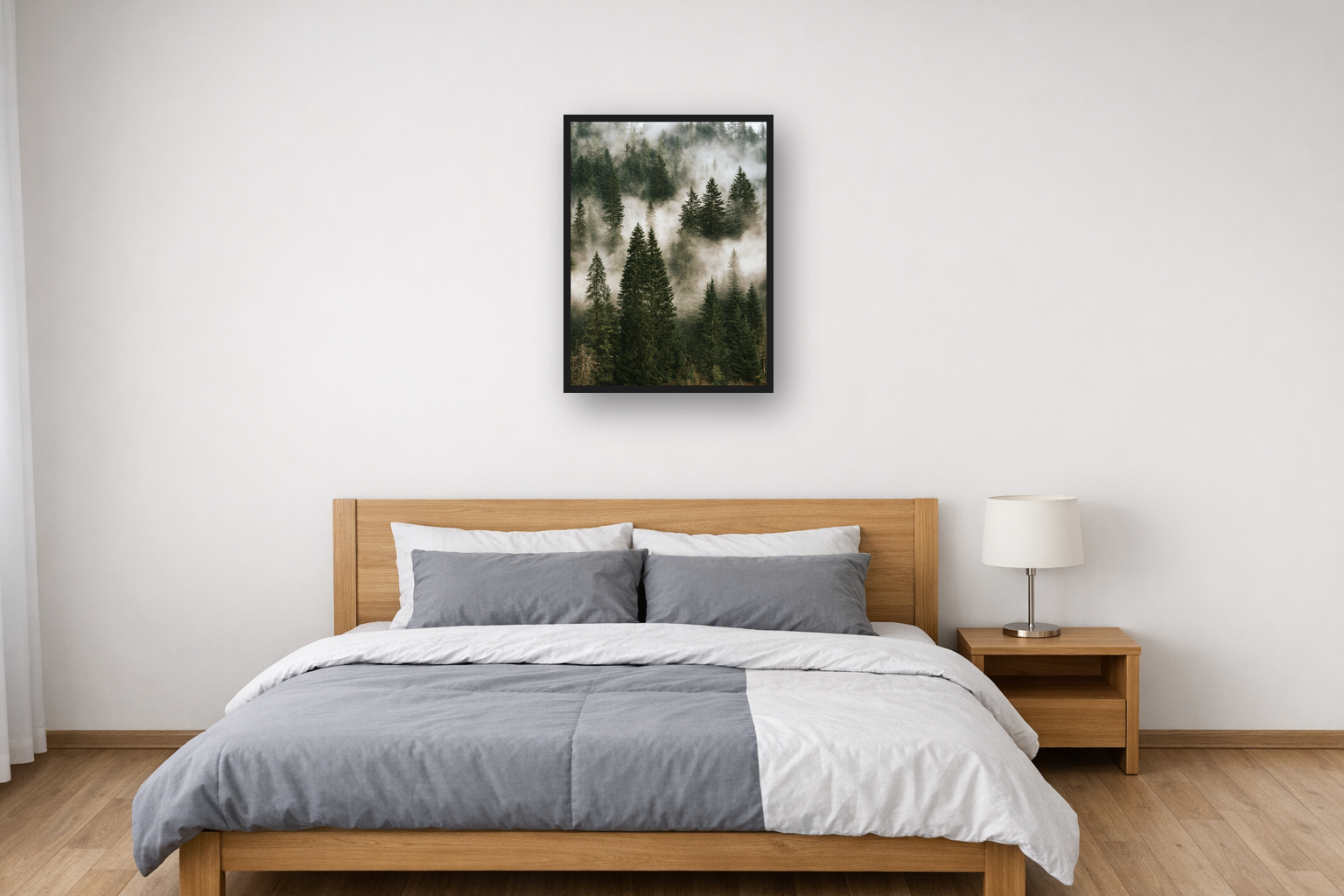 Nordic Forest I framed poster in a bedroom