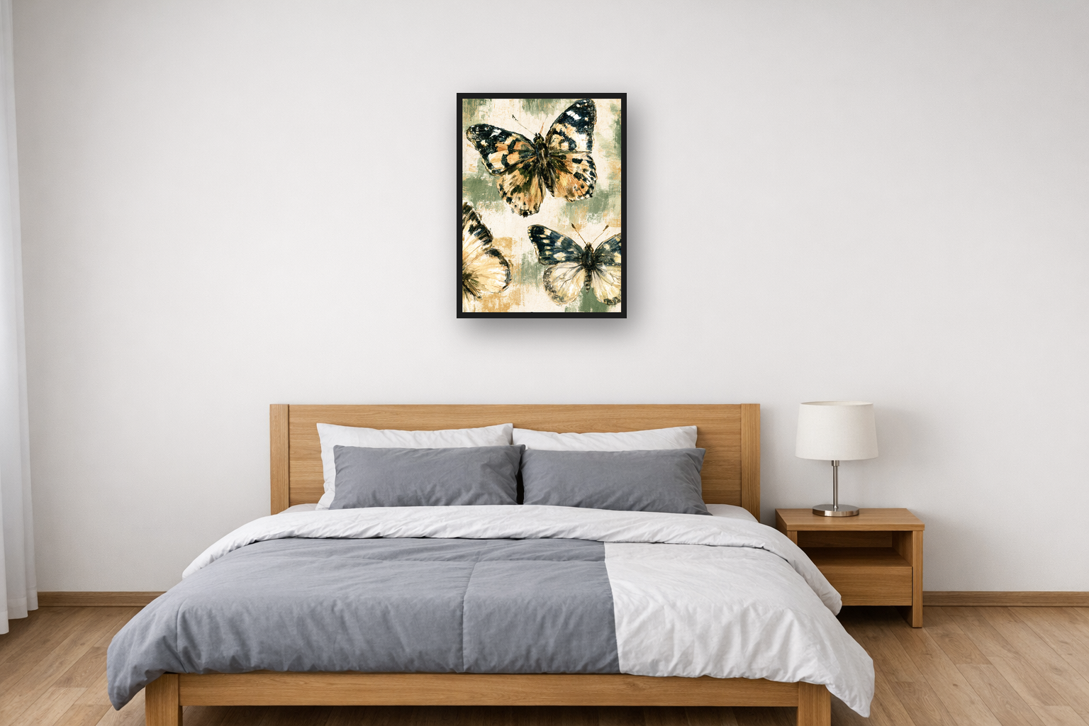 Vintage Butterflies I framed poster in a bedroom