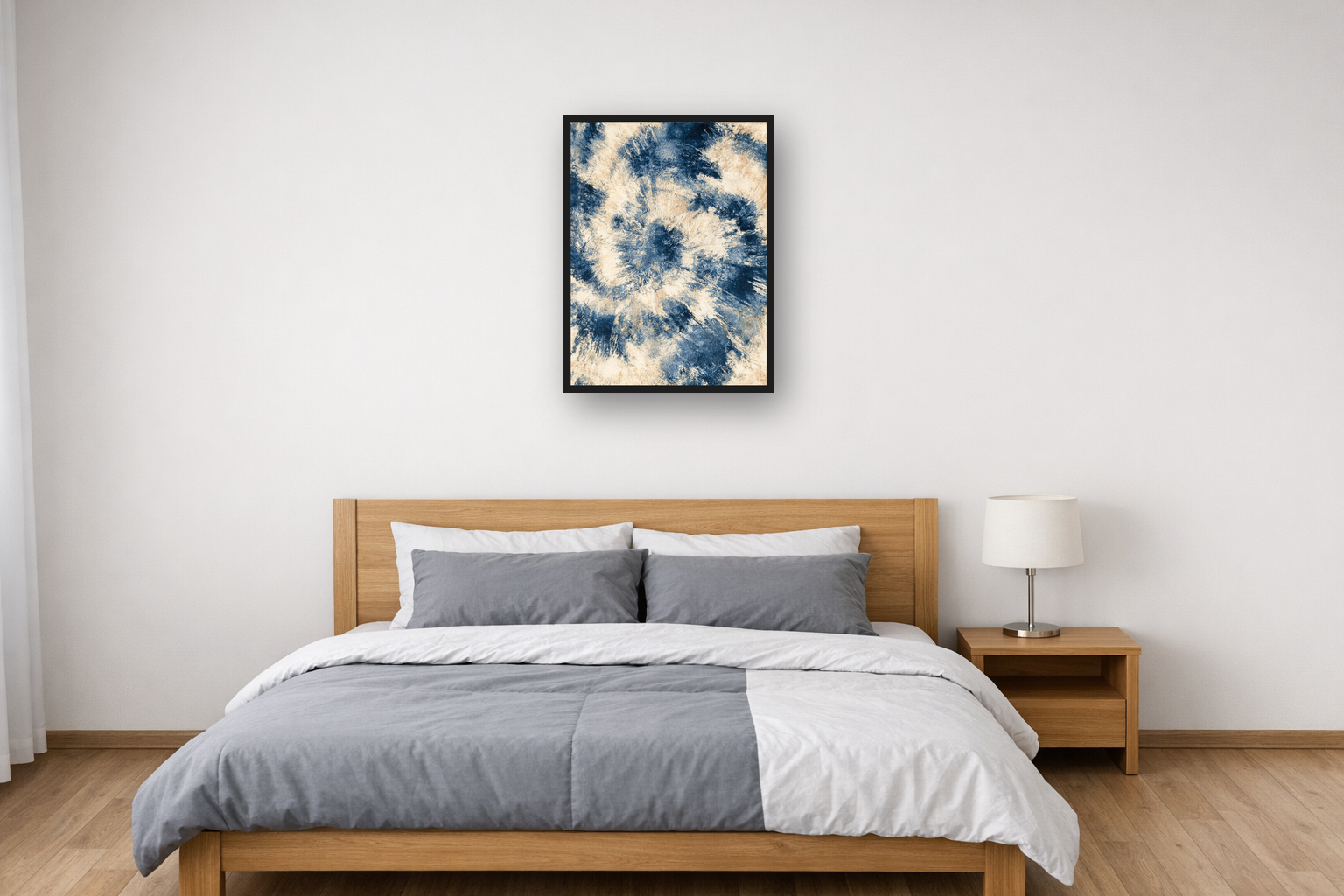 Indigo Batik I framed poster in a bedroom