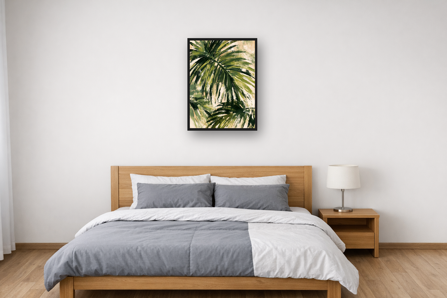 Palm Leaf I framed poster in a bedroom – plakat na ścianę