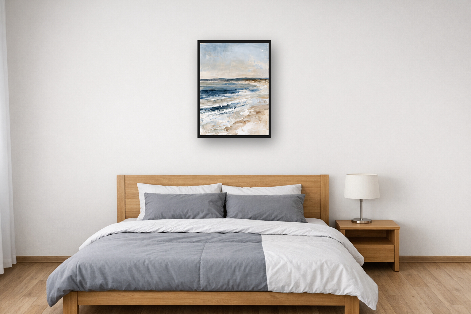 Quiet Bay I framed poster in a bedroom