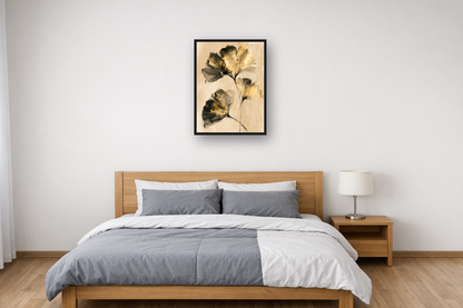 Golden Ginkgo I framed poster in a bedroom