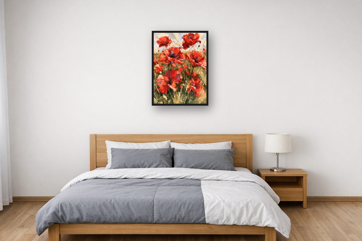 Wild Poppies I framed poster in a bedroom