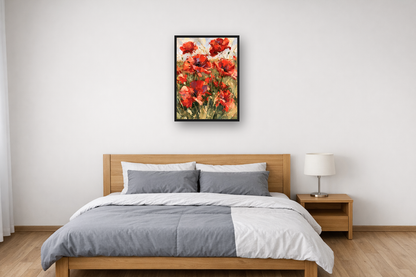 Wild Poppies I framed poster in a bedroom