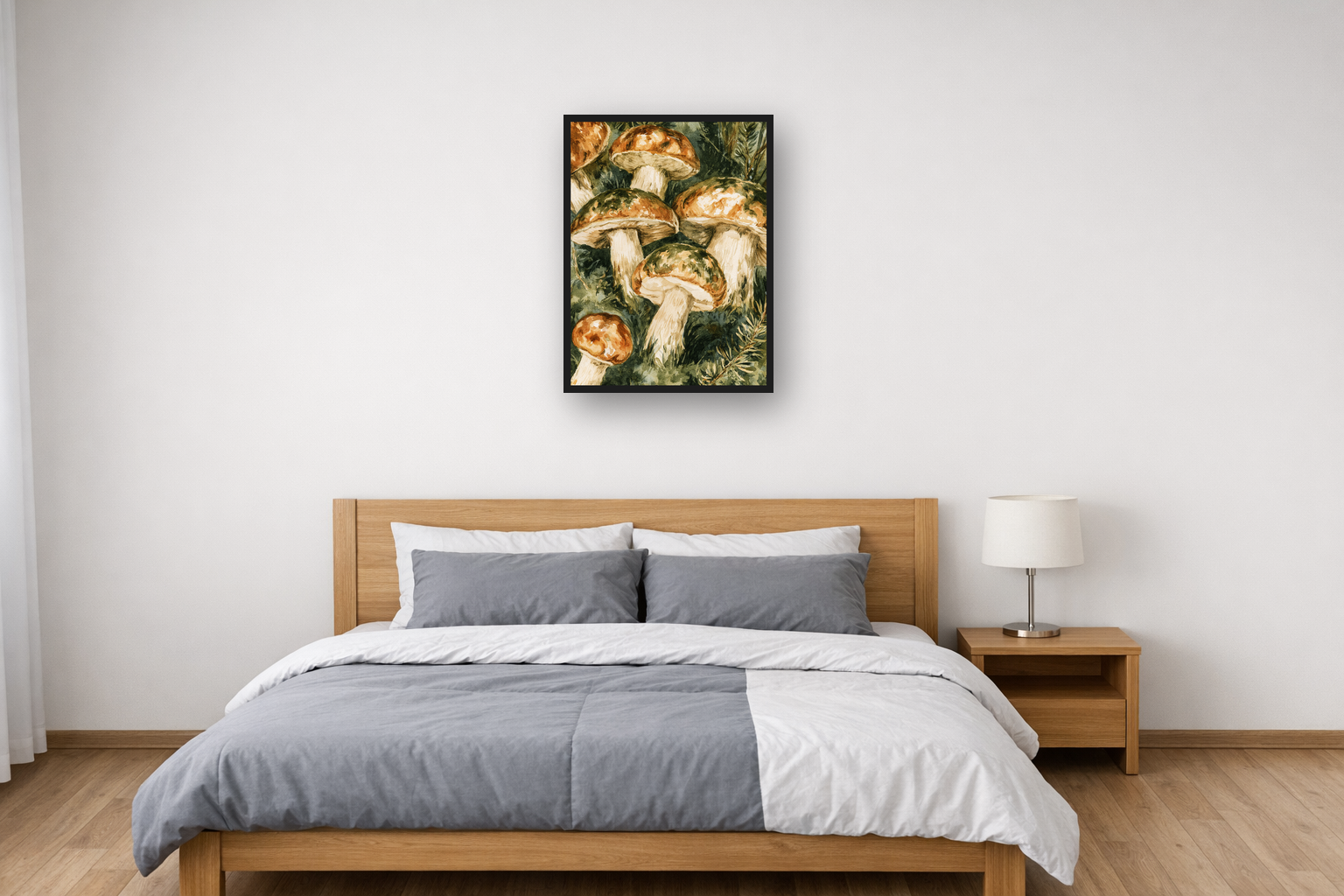 Forest Mushrooms I framed poster in a bedroom