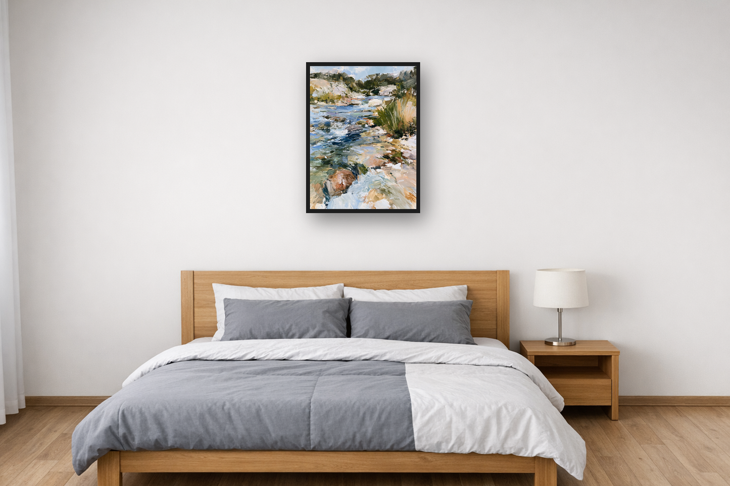 Mountain Stream I framed poster in a bedroom – plakat na ścianę
