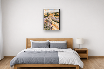 Lavender Fields I framed poster in a bedroom