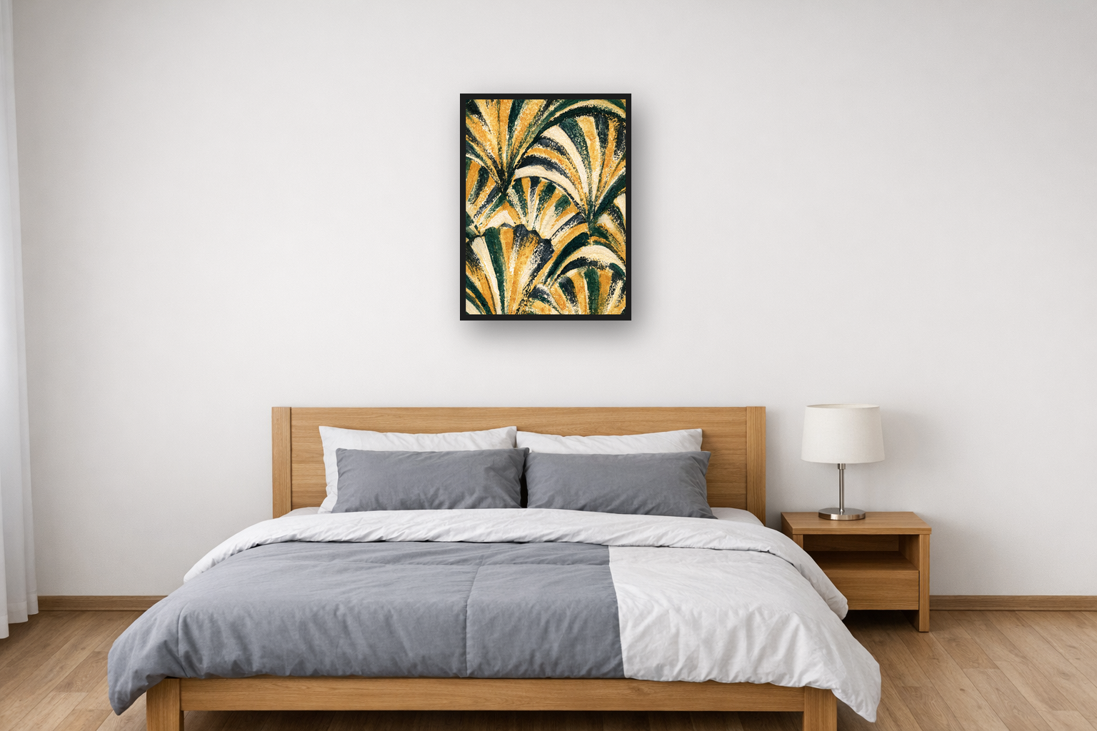 Art Deco Waves I framed poster in a bedroom