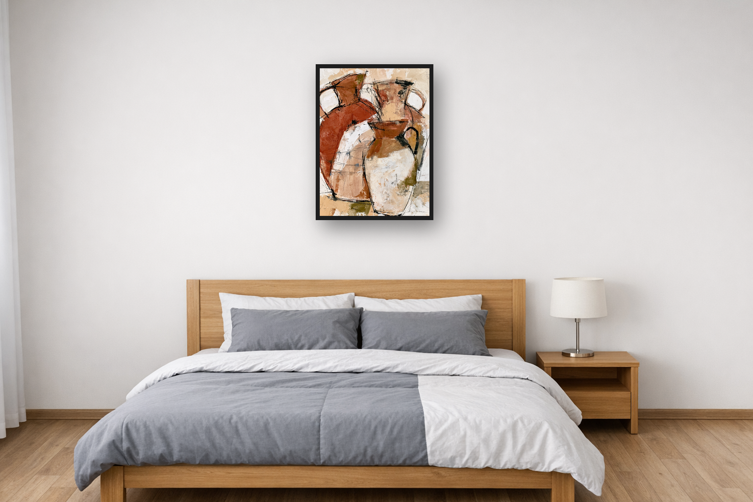 Terracotta Vessels I framed poster in a bedroom