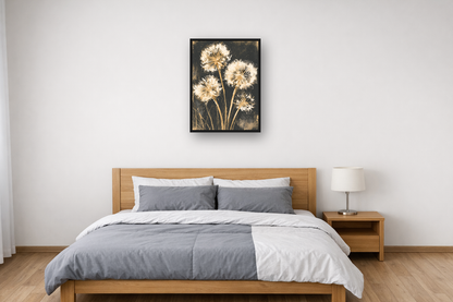 Golden Dandelions I framed poster in a bedroom