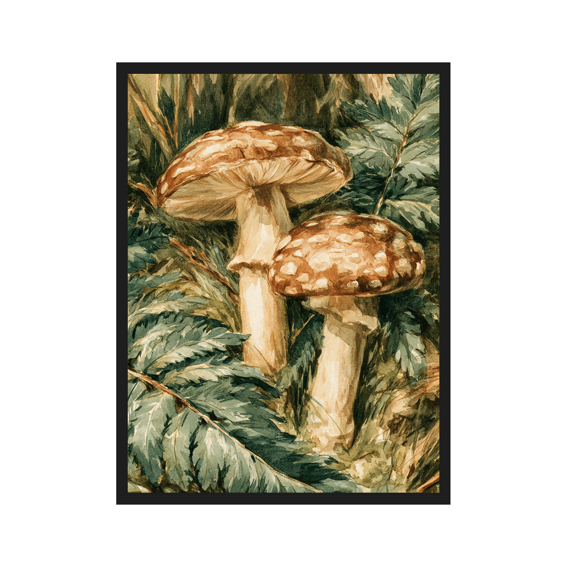Forest Mushrooms II art print in a black frame