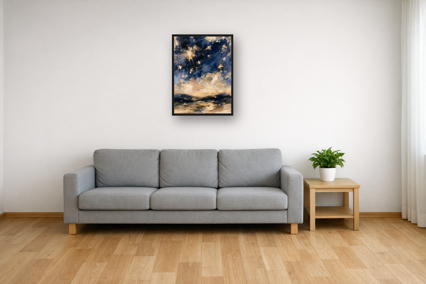 Night Sky II framed poster in a living room – plakat na ścianę