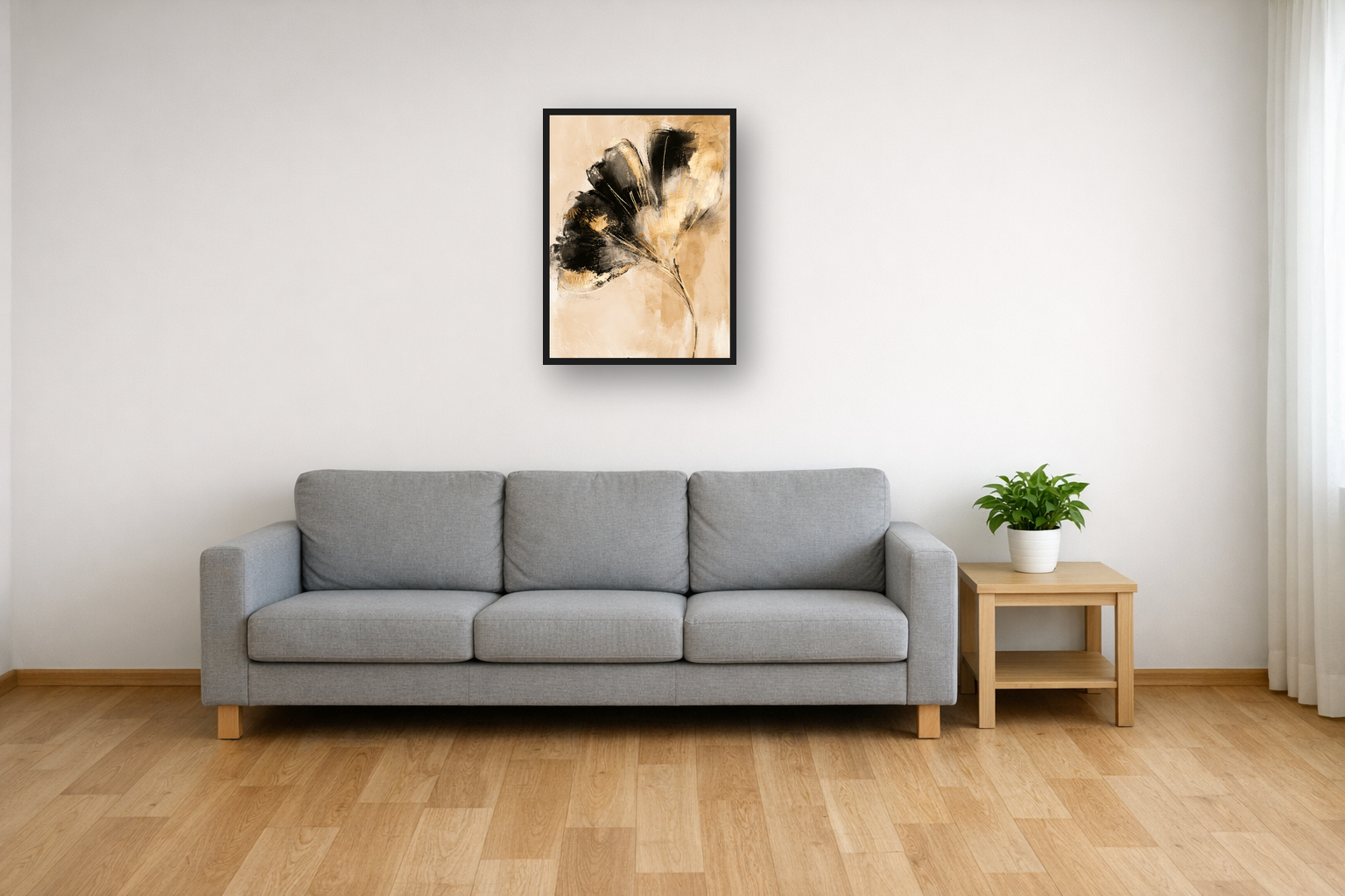 Golden Ginkgo II framed poster in a living room