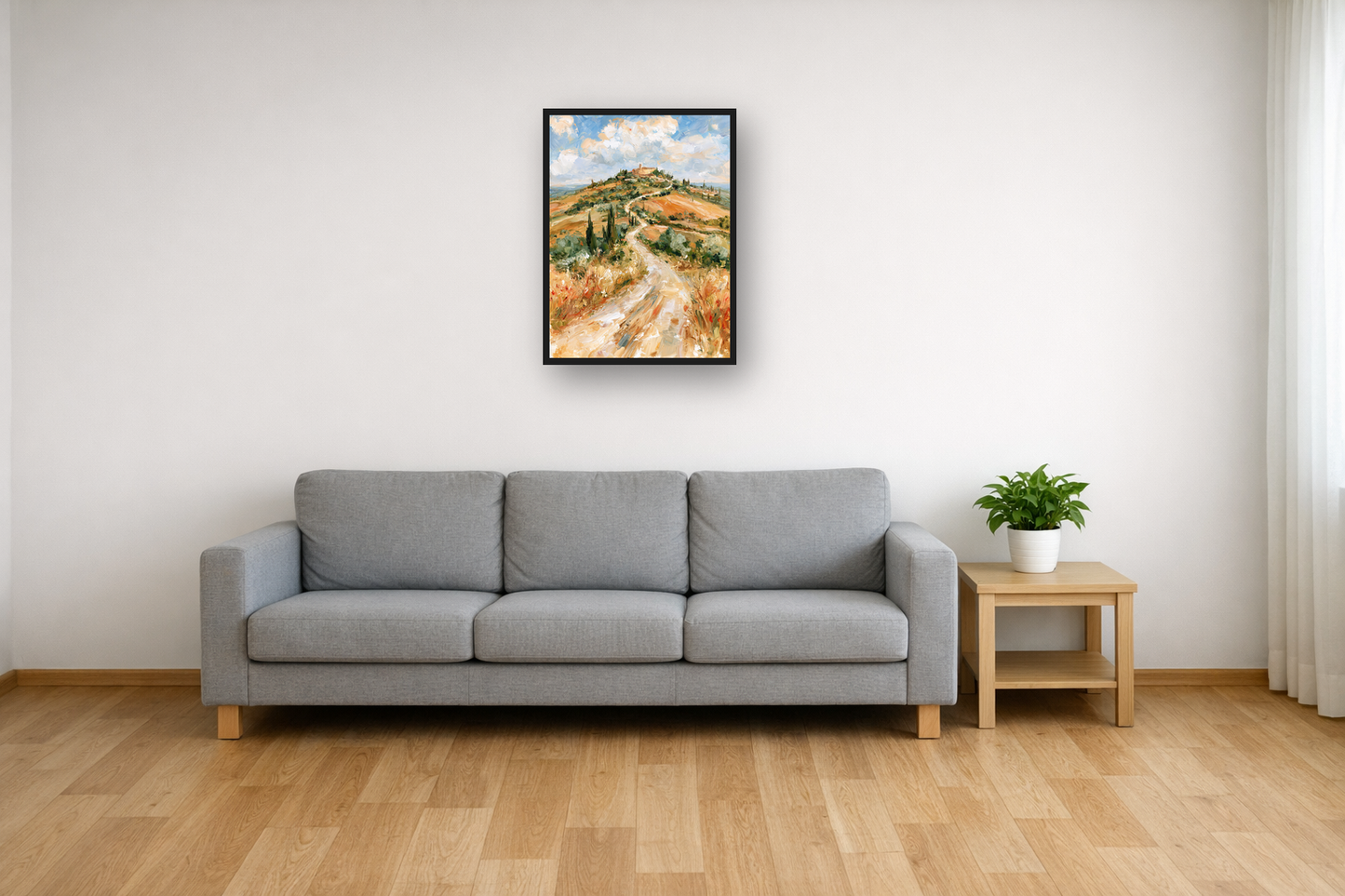 Tuscan Cypress II framed poster in a living room – plakat na ścianę