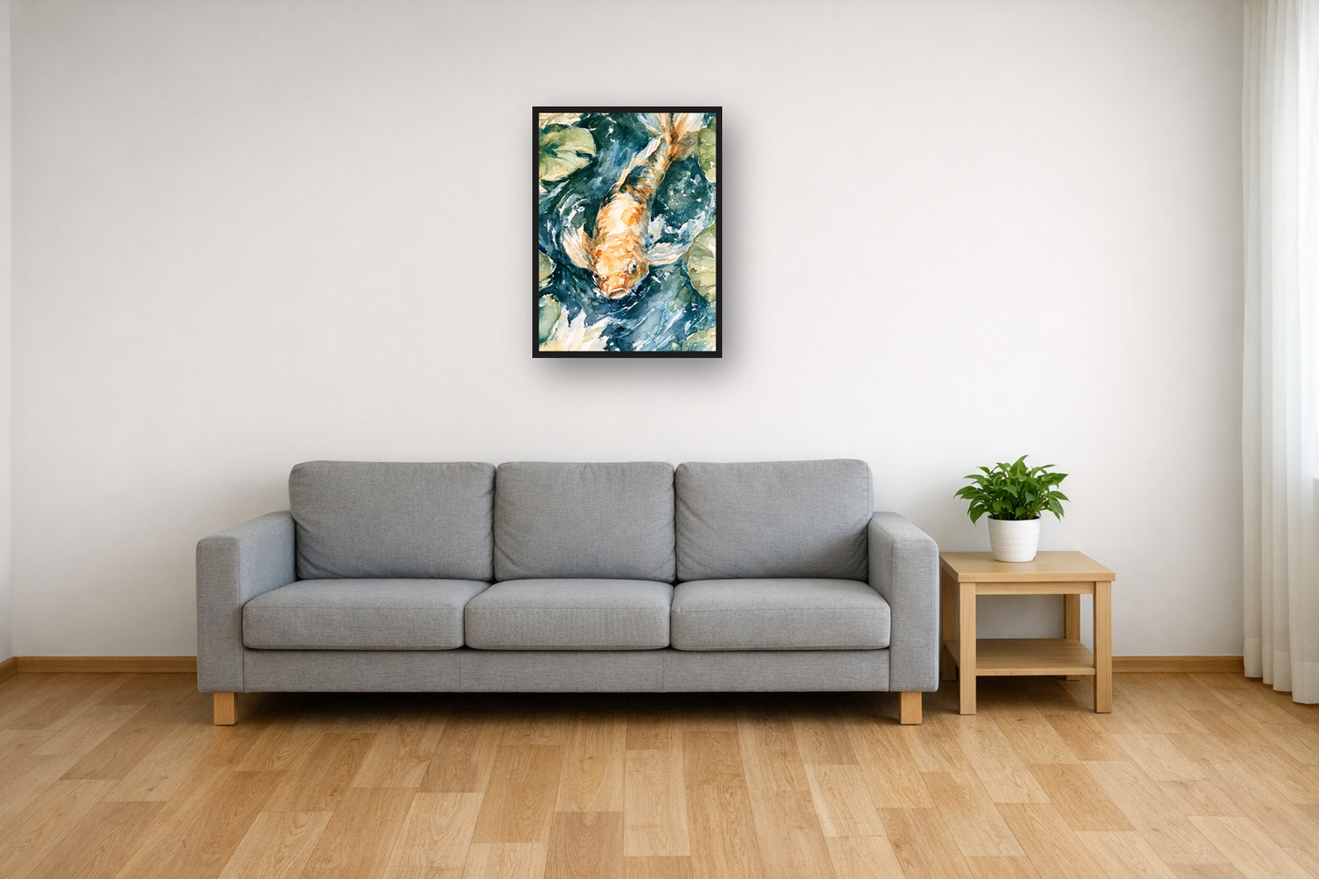 Koi Pond II framed poster in a living room – plakat na ścianę